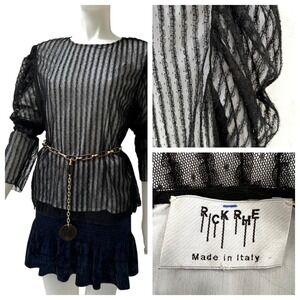 Rick Rhe Black Sheer Mesh Puff Sleeve Striped Blouse Italy Large Fairy Whisygoth